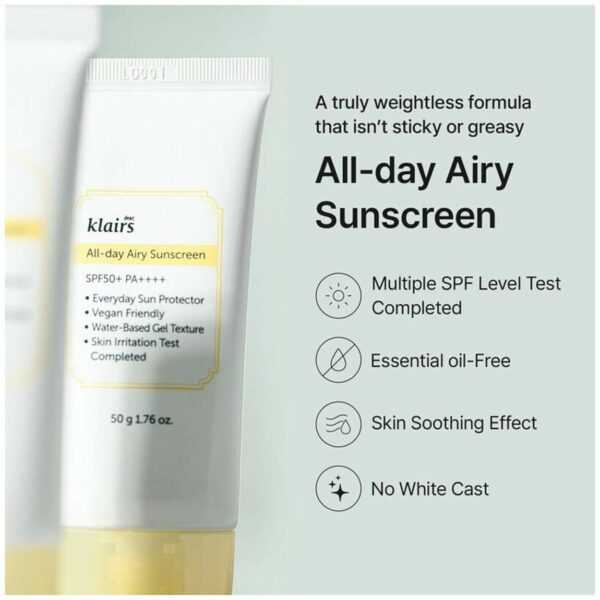 Dear Klairs All-day Airy Sunscreen SPF50+ PA++++ 50g - Simpli Cosmetics Kenya Dear Klairs All-day Airy Sunscreen SPF50+ PA++++ 50g - Image 3