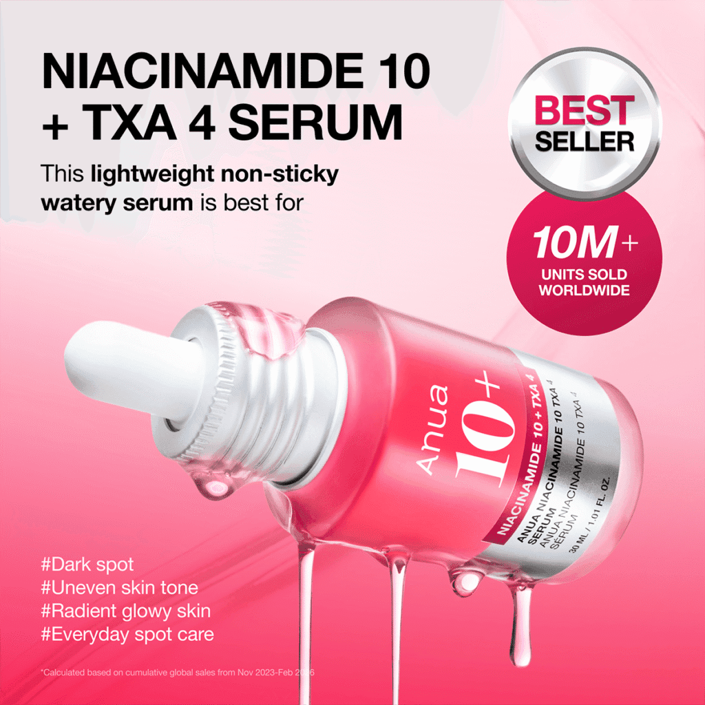 Anua Niacinamide 10% + TXA 4% Serum bottle on a pink product background