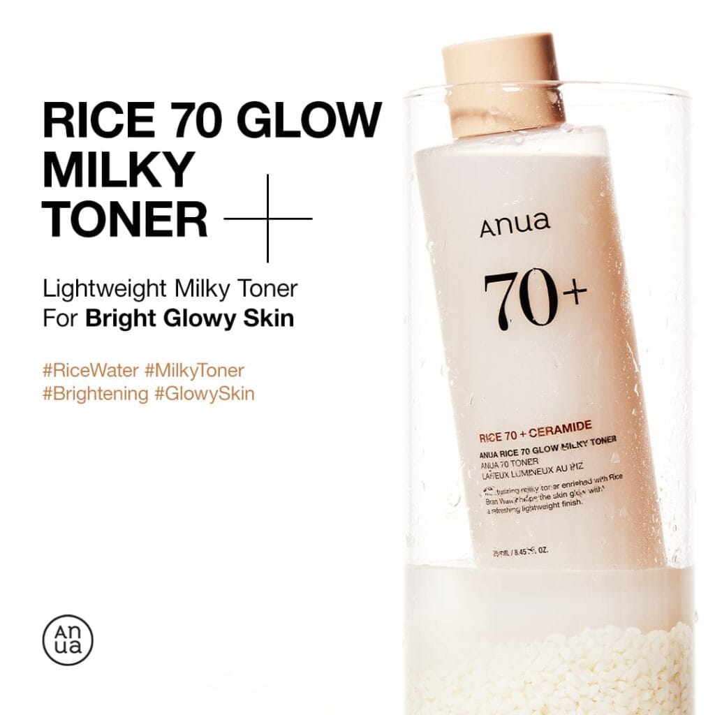 Anua Rice 70 Glow Milky Toner 250 ml bottle in an official product visual