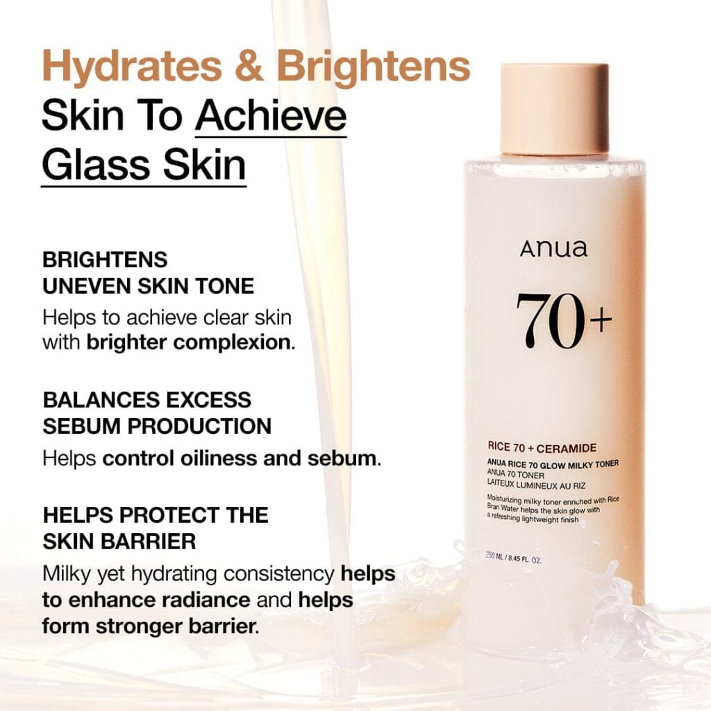 Anua Rice 70 Glow Milky Toner 250 ml bottle in an official brand benefit visual