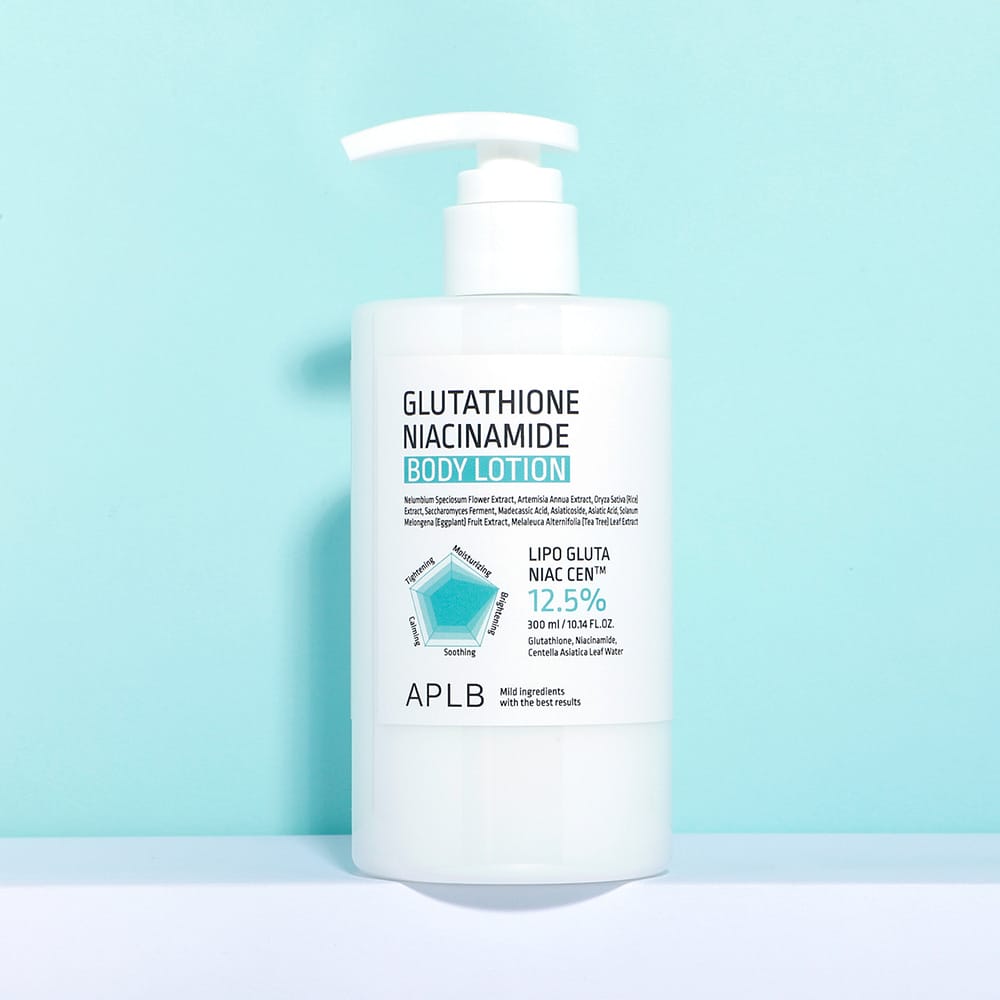 APLB Glutathione Niacinamide Body Lotion 300 ml pump bottle on a blue background
