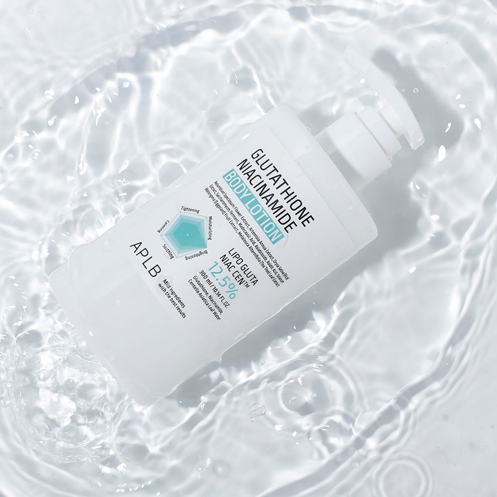 APLB Glutathione Niacinamide Body Lotion 300ml - Simpli Cosmetics Kenya APLB Glutathione Niacinamide Body Lotion 300 ml pump bottle in water