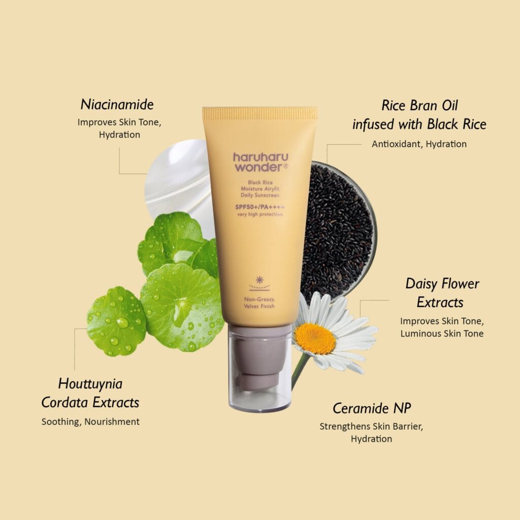 Haruharu Wonder Black Rice Moisture Airyfit Sunscreen 50 ml tube with black rice ingredient styling