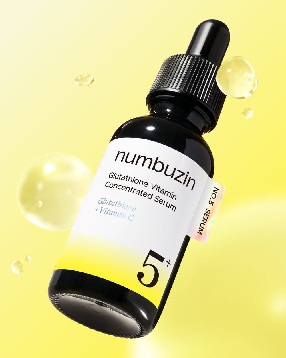 numbuzin No.5+ Glutathione Vitamin Concentrated Serum 30 ml bottle on yellow background