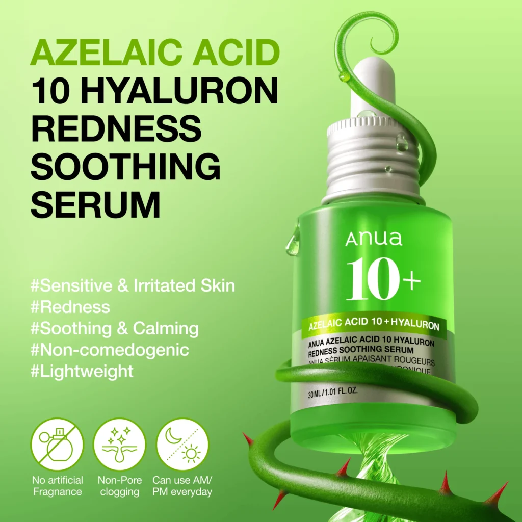 Anua Azelaic Acid 10 Hyaluron Redness Soothing Serum 30 ml bottle on a green product background