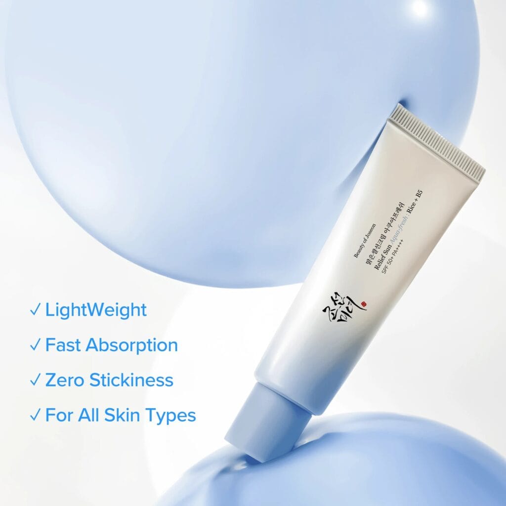 Beauty of Joseon Relief Sun Aqua-Fresh Rice + B5 50 ml tube with blue product backdrop