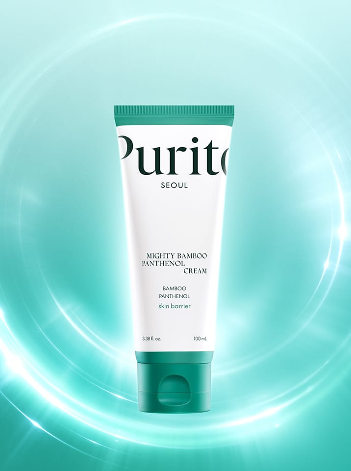 PURITO Mighty Bamboo Panthenol Cream 100 ml tube on an aqua product background