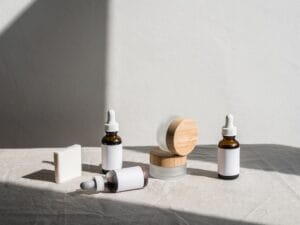 Skincare bottles and jars arranged for a simple routine